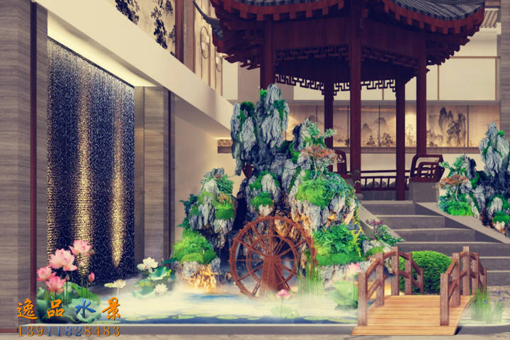中庭黑色石材水幕墻流水假山水車(chē)水系景觀